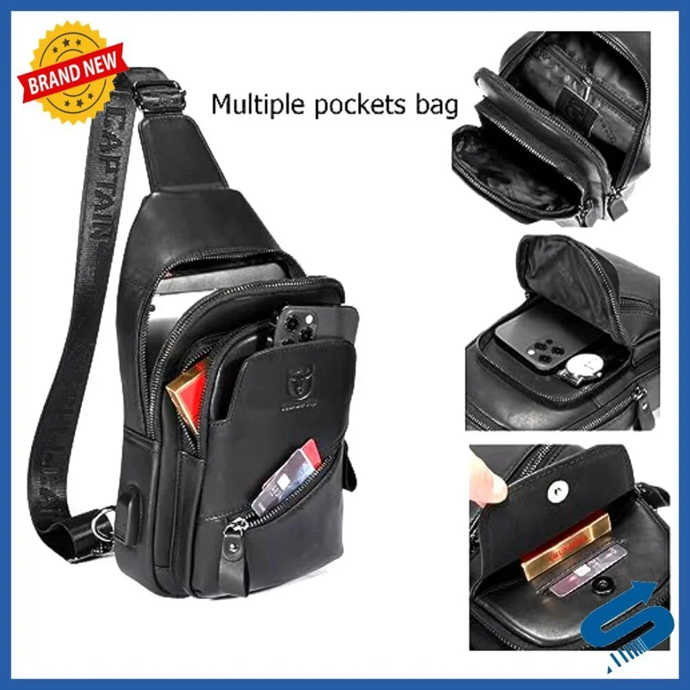 Genuine Leather Sling Bag with USB Charging Port, Adjustable Strap, Multi-Pocket